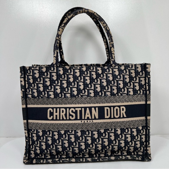 Dior Womens Medium Dior Book Tote Bag Oblique Motif Cotton Ercu/Blue Pre-Owned - Picture 2 of 15